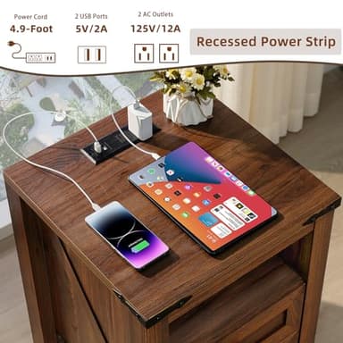 Joaxswe Nightstands Set of 2 with Charging Station, Farmhouse Side End Table with 2 Drawers and Open Shelf, Wood Rustic Sofa Table, Bedside Cabinet for Bedroom, Living Room, Closet, Office(Brown) - Image 5