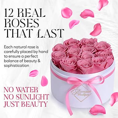 GLAMOUR BOUTIQUE Flower Forever Gift Box 12 Real Preserved Roses in Round Velvet White Box, Handmade, Rose Petals, Birthday, Marriage, Anniversary, Graduation - Pink - Image 4