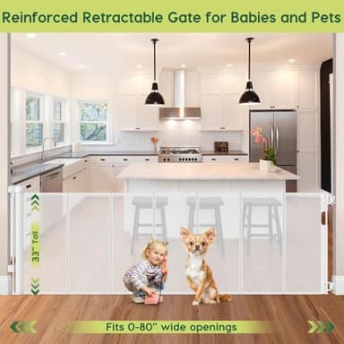 Reinforced 80 Inch Extra Wide Retractable Baby Gate with Support Rods, Indoor/Outdoor Retractable Pet Gates for Wide Openings, 33” Tall Mesh Dog Gate Indoor Extra Long Baby Gates for Decks, White - Image 2
