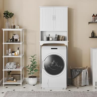 Yaheetech Over The Toilet Cabinet, Double Door Bathroom Storage Organizer, Toilet Rack with Inner Adjustable Shelf and Open Storage Shelf, White - Image 4