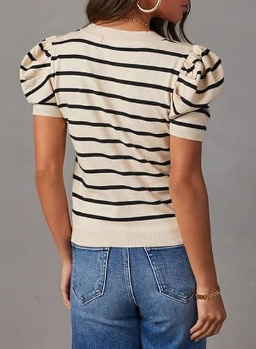 Dokotoo Short Sleeve Sweater for Women 2025 Trendy Crewneck Tops Casual Black Striped Blouse Puff Sleeve Fall Clothing Color Block Knitted Shirts Casual Business Outfits for Outgoing Large - Image 4