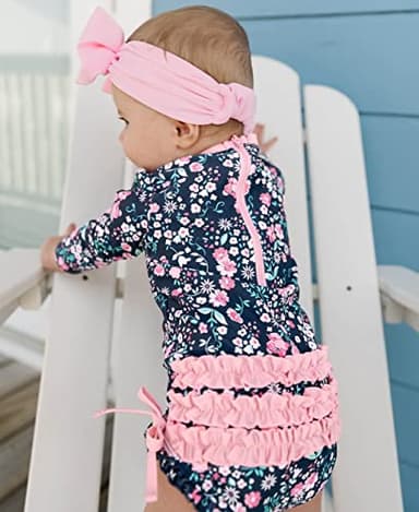 RuffleButts Baby Girls UPF 50+ Sun Protection Floral Printed Long Sleeve One Piece Rash Guard Swimsuit with Zipper - Moonlit Meadow, 6-12m - Image 3