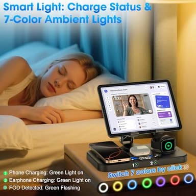 6 in 1 Wireless Charger for Apple Device, 30W Foldable Wired Charging for ipad with Clock & 7 Color Ambient Light, Nightstand Charger Station for iPhone 17/16/15/iWatch Series/AirPods 4/Pro 3(Black) - Image 4
