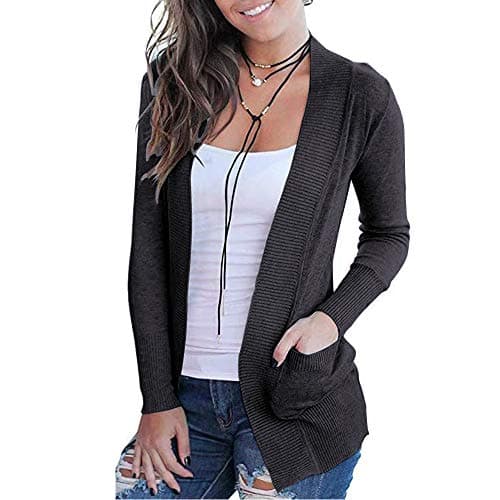 VOIANLIMO Women Open Front Casual Long Sleeve Knit Lightweight Soft Classic Charcoal Black Cardigans Sweaters with Pockets L Size - Image 1
