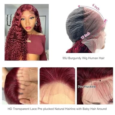 Bworto 30 Inch Burgundy Wig Human Hair 99j Burgundy 13x6 Deep Wave Lace Front Wigs Human Hair Pre Plucked HD Transparent Lace Frontal Wigs for Black Women Red Colored Wig - Image 4