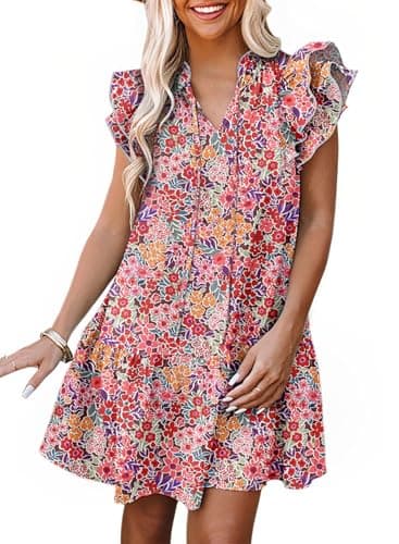 Dokotoo Floral Dress for Women Spring Summer 2025 Trendy Ruffle Cap Short Sleeve V-Neck Pockets Lightweight Tunic Dresses Boho Mini Short Beach Vacation Clothes for Women Multicolor Large - Image 1
