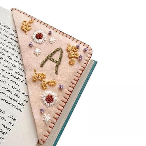 MOTEERLLU Personalized Hand Embroidered Corner Bookmark,Felt Triangle Page Stitched Handmade Bookmark,Unique Cute Flower Letter Embroidery Bookmarks Accessories for Book Lovers - Image 1