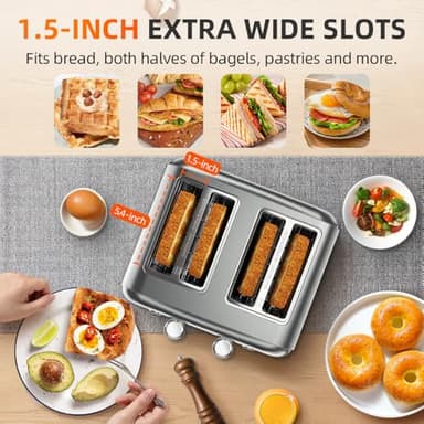 RAMJOY Grey Toaster 4 Slice, Dual Independent Controls, Extra Wide Slot Toasters for Bagel, Bread, Waffles, 7 Shade Settings, 4 Main Functions, Removable Crumb Tray, 1500 Watts, Grey Stainless Steel - Image 6