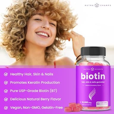 NutraChamps (2 Pack) Biotin Gummies 10,000mcg [High Potency] for Healthy Hair, Skin & Nails for Adults & Kids - 5000mcg in Each Gummy Vitamin - Vegan, Non-GMO, Pectin-Based Hair Health Supplement - Image 2