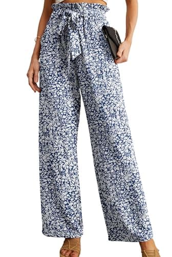 IWOLLENCE Women's Wide Leg Pants with Pockets High Waist Adjustable Knot Loose Casual Trousers Business Work Casual Pants Blue White Flower S - Image 1
