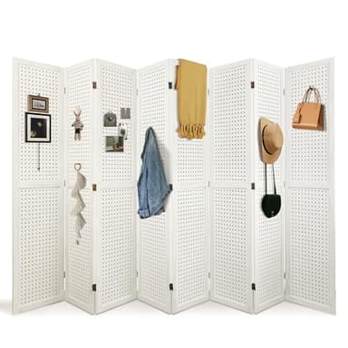 Grungis 8 Panel Room Divider with Pegboard Display 5.6FT Wood PegBoard Room Dividers, Folding Privacy Screens Portable Freestanding Partition Wall Divider for Art Shows & Room Separation, White - Image 2