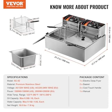 VEVOR Commercial Deep Fryer, Dual Tank 3000W Electric Countertop Fryer with Basket, 2 x 9.1Qt/8.6L Double Stainless Steel Oil Fryer, with Temp Control & Overheat Protection, for Kitchen Restaurant Use - Image 7