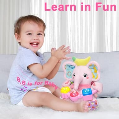 Holaxander Baby Elephant Musical Stuffed Animals Toy with Light-Up Music & Crinkle Sound Paper,Infant Bilingual Early Learning Education Toys,Tummy Time Toys for 0-3-6-12+ Months Boy Girl, Pink - Image 4