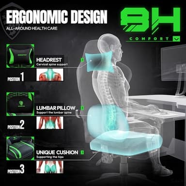Dowinx Gaming Chair with Heated Massage Lumbar Support, Ergonomic Gaming Computer Chairs with Footrest and Pocket Spring Cushion, Big and Tall PC Gamer Chair for Adult, 330lbs, Green - Image 7