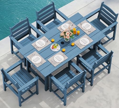 SERWALL 7-Piece Patio Dining Table Sets, Outdoor HDPE Dining Furniture Set with Umbrella Hole Cut-Out Table and 6 Chairs, Blue - Image 1