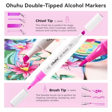 Ohuhu Markers: 48-Color Double Tipped Brush & Chisel Alcohol Markers for Adults Coloring Illustration, Alcohol-based Art Marker Set with Unique Designed Grip, Great Value Pack for Beginners - Image 2