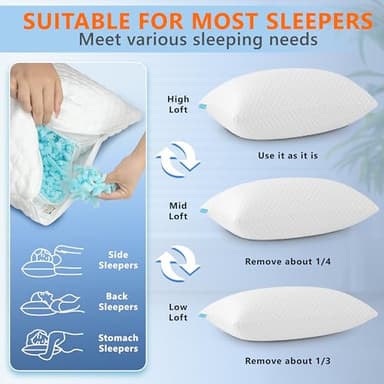 UYWO Cooling Pillows Queen Size Set of 2, Memory Foam Pillows with Zipper, Firm Bed Pillows Adjustable for Hot Side Back Stomach Sleepers - Image 6