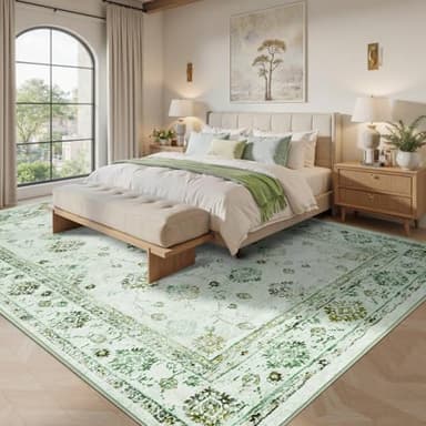 FinRèc 6x9 Rugs for Living Room, Washable Vintage Floral Bedroom Rug, Non-Slip Low Pile Area Rug, Ultra-Thin Foldable Accent Indoor Carpet for Kitchen Dining Room Kids Room Home Office - Green - Image 2