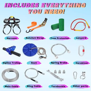 Zipline for Kids and Adult, Zip line Kits for Backyard with Stainless Steel Spring Brake, Cable Tensioning Kit, Safety Harness, 2 Tree Protectors and Full Set of Zip line Accessories - Image 3