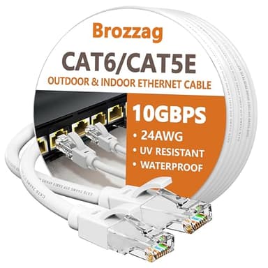 Brozzag 50 Ft Ethernet Cable for Cat5E/Cat6, 10Gbps 24AWG Cat6 Network Cable, Direct Burial Cable, UTP, LLDPE, RJ45 Patch LAN Cord, Waterproof, Indoor&Outdoor, Cat 5E Internet Cable in White for PC - Image 1