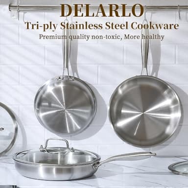 DELARLO Tri-Ply Stainless Steel Pan, 12 inch Frying Pan with Lid, Compatible with All Cooktops Up to 600℉, Fast & Even Heat, Skillet, Induction Cookware, Cooking Pan, Stir Fry Pan, Dishwasher Safe - Image 5