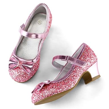 K KomForme Girl's Dress Shoes Mary Jane Glitter 1.5 in Low Heel Wedding Party Princess Shoes for Toddler/Little/Big Kids Pink - Image 2