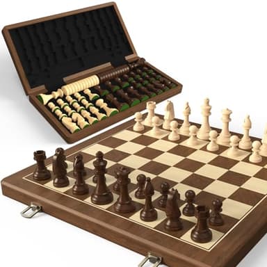 Premium Natural Walnut 15" Magnetic Wooden Folding Chess & Checkers Set- 2 in 1 Board Game with 3" King Staunton Pieces and 2 Extra Queens, Checkers, and Dust-Proof Storage Bag (Black) - Image 7