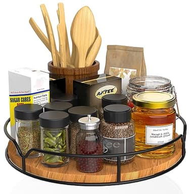 Lazy Susan Turntable Organizer for Cabinet Pantry Kitchen Countertop Refrigerator Cupboard, Pine Wood, 9", Carbonized Black - Image 1