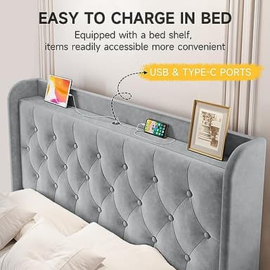 koorlian Queen Bed Frame, Velvet Adjustable Upholstered Platform Bed Frame with Type-C&USB Ports, Wingback Storage Headboard, Solid Wood Slats Support, No Box Spring Needed, Noiseless, Gary - Image 3