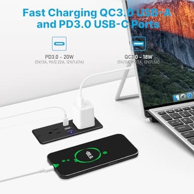 CCCEI Recessed Power Strip with Outlet and USB C Ports, Furniture Flush Mount Power Strip, Small Desk Hidden Outlet for Conference Table, Nightstand, Black, 10FT. - Image 3