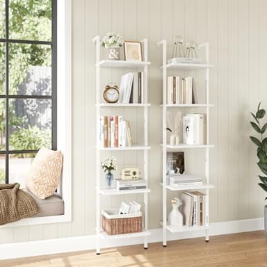 ELYKEN Ladder Shelf, White 5-Tier Wood Wall Mounted Bookshelf with Metal Frame, Modern Open Display Organizer Rack, Leaning Storage Shelves for Living Room, Bedroom, Home Office - Image 4