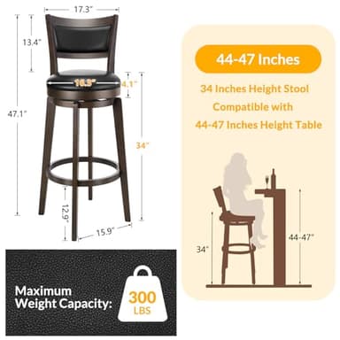 PrimeZone Swivel Bar Stools Set of 4, 34 Inch Extra Tall Bar Height Barstools, Black Faux Leather Bar Stool with High Backrest, Solid Wood Leg, Wrap-Around Footrest, Counter Stools for Pub - Image 3