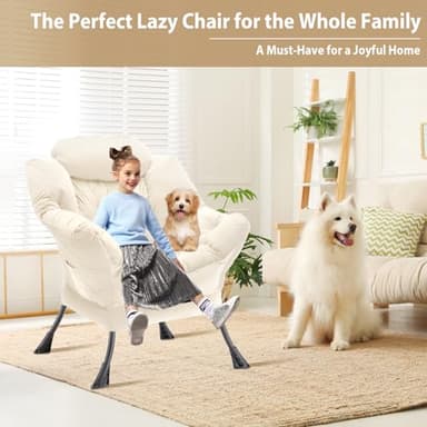 Youtanic Lazy Chair Thick Padded, Comfy Velvet Accent Lounge Chair with Stable Frame, Leisure Sofa Armchair with Armrests and Side Pocket, Reading Chair for Bedroom, Living Room, Office, Beige - Image 4