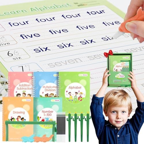 Magic Groove Practice Copybook for Kids, Reusable Writing Practice Book, Grooved Handwriting Book Set for Kids Ages 3-8 Calligraphy 5.59 * 7.91 (5 Medium Books with Cactus Pens & Gift Box) - Image 1
