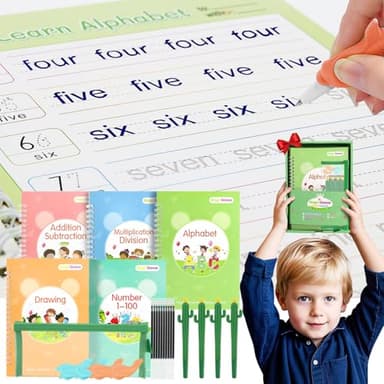 Magic Groove Practice Copybook for Kids, Reusable Writing Practice Book, Grooved Handwriting Book Set for Kids Ages 3-8 Calligraphy 5.59 * 7.91 (5 Medium Books with Cactus Pens & Gift Box) - Image 1