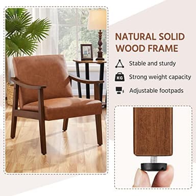 Yaheetech PU Leather Accent Chair, Mid-Century Modern Armchair with Solid Wood Legs, Reading Leisure Chair with High Back for Living Room Bedroom Waiting Room, Brown - Image 5