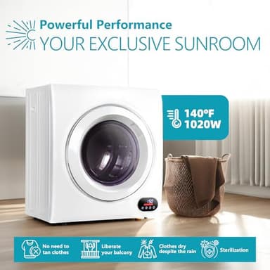 Euhomy Compact Laundry Dryer, 3.5 cu ft Front Load Stainless Steel Clothes Dryers With Exhaust Pipe, 1500W, LCD Control Panel Four-Function Portable Dryer For Apartments, Home, Dorm, White - Image 3