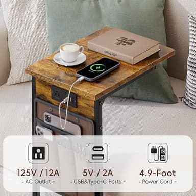 Vagusicc C Shaped End Table with Charging Station, Small Side Table for Couch, Tall Sofa Table Couch Side Tables, Slide Under Sofa Table TV Tray Arm C Tables for Living Room, Bedroom, Bedside, Brown - Image 9