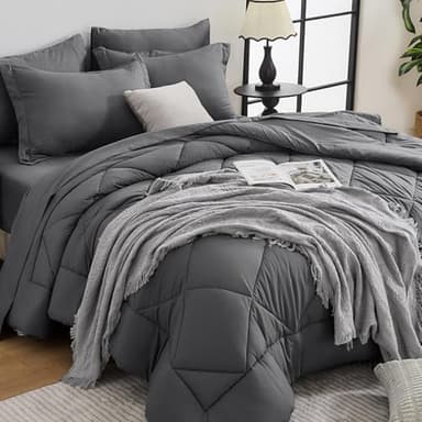 HEVUMYI 7 Pieces Queen Comforter Set, All Season Reversible Bed in a Bag Queen, Ultra Soft Queen Bedding Set with Grey Comforter, Flat Sheet, Fitted Sheet, Pillowcases, Pillow Shams, Dark Grey - Image 1