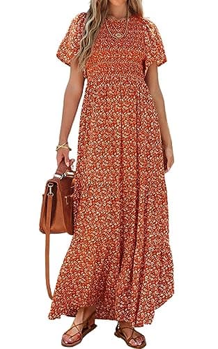 PRETTYGARDEN Women's Summer Casual Boho Dress Floral Print Ruffle Flutter Short Sleeve High Waist Maxi Beach Dresses (Orange,X-Large) - Image 1