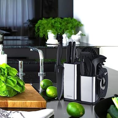 RAXCO Kitchen Utensils Set,18-Piece Cooking Tools and Sharp Knives,Stainless Steel Holder and Cutting Board - Image 2
