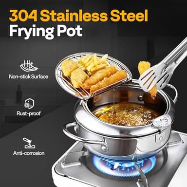 VIVOHOME 8.3 Inch 2.2 L 304 Stainless Steel Deep Fryer Pot with Tong, Tempura Fryer Pan with Thermometer for Chicken, Fish, French Fries, Shrimp - Image 2