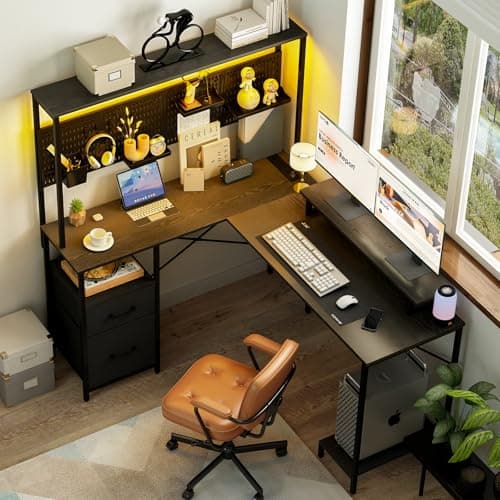 Yoobure L Shaped Desk with Pegboard, Reversible Computer Desk with Drawers & Storage Shelves, Gaming Desk with LED Lights & Power Outlets, Office Desk with Monitor Stand Corner Desk Home Office Desks - Image 1