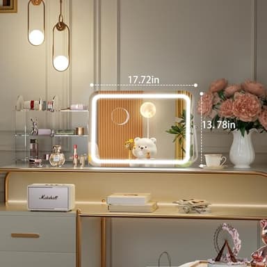 Hasipu Vanity Mirror with Lights, 18" x 14" LED Makeup Mirror, 3 Modes Light, Smart Touch Control Dimmable, 360°Rotation, Rectangle White Frame, with 5X Magnifying Glass - Image 2