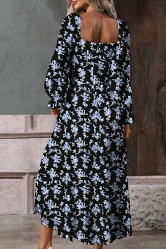 BLENCOT Casual Womens Square Neck Long Sleeve Split Thigh Dress Boho Floral Print Flowy Tie Front Midi Dresses Black Blue L - Image 3