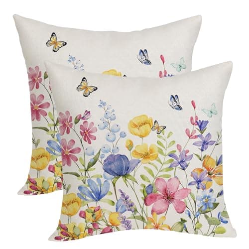 OFIRD Spring Pillow Covers 20x20 Pack of 2 Colorful Floral Butterfly Throw Pillow Covers,Spring Summer Floral Pillowcase Rustic Farmhouse Decorative Linen Cushion Case for Home Sofa Indoor,Outdoor - Image 1