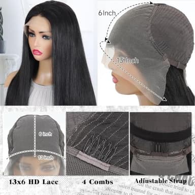 JKD 13x6 Lace Front Wigs Human Hair Pre Plucked 200% Density Straight HD Lace Front Straight Wigs Human Hair Natural Black Lace Frontal Wigs Human Hair for Women 28 Inch - Image 3