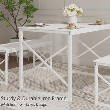 VECELO Kitchen Table with 2 Benches for 4, 43.3'' Wood Dining Room Dinette Sets with Metal Frame for Breakfast Nook and Small Space, White - Image 4