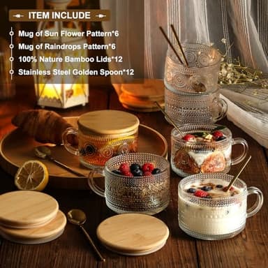 LANDNEOO 12pcs Set Irish Coffee Glasses, Vintage Coffee Mugs, Overnight Oats Containers with Bamboo Lids and Spoons - 14oz Clear Embossed Glass Cups, Cute Coffee Bar Accessories, Iced Coffee Glasses - Image 2