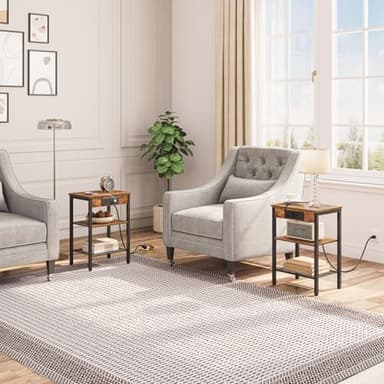 HOOBRO Side Table with Charging Station and USB Port, Small End Table for Small Space, 3-Tier Nightstand with Adjustable Shelf, for Living Room, Bedroom and Balcony, Rustic Brown BF112BZ01 - Image 2
